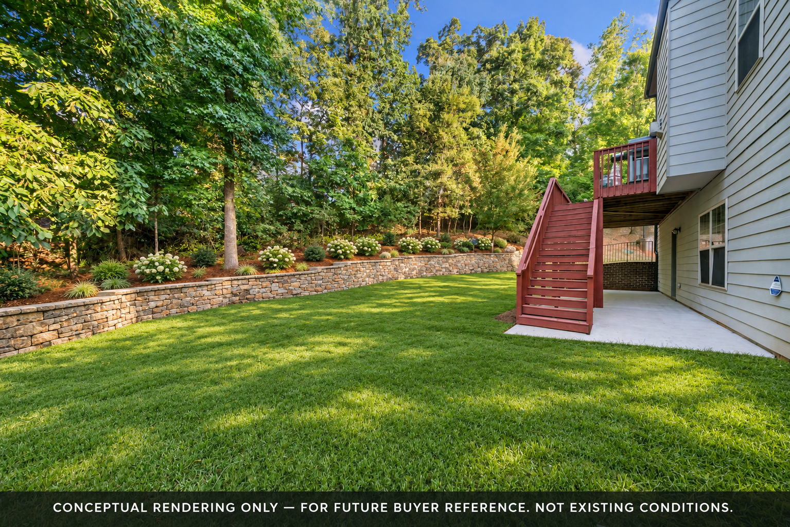 Conceptual rendering only, not existing conditions: a possible expanded usable backyard with a level lawn, stone retaining wall and landscaped planting beds beside the deck stairs